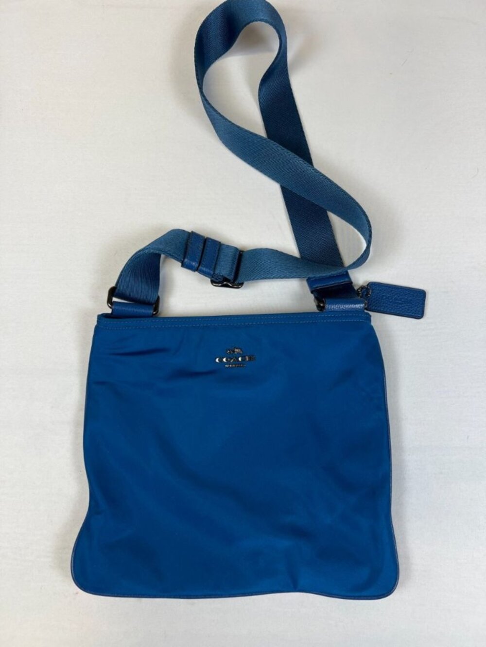 Coach Blue Nylon Crossbody Bag Messenger Shoulder Bag Leather Trim Zip Top
